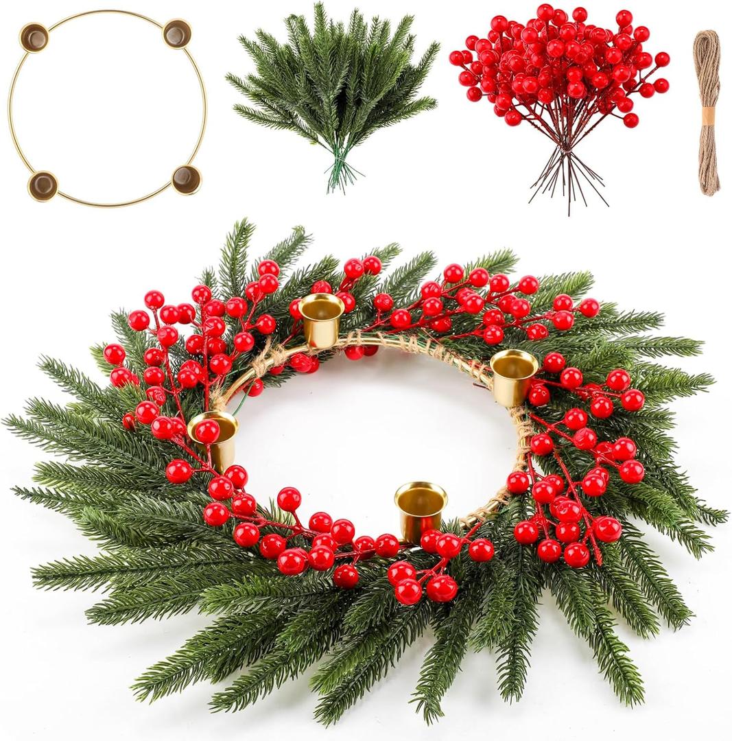 Christmas Advent Wreath Berry DIY Advent Wreath Candle Holder with Gold Metal Ring Cups Traditional Catholic Christmas Table Centerpiece Set for Xmas Church Holiday(Pine Needle)