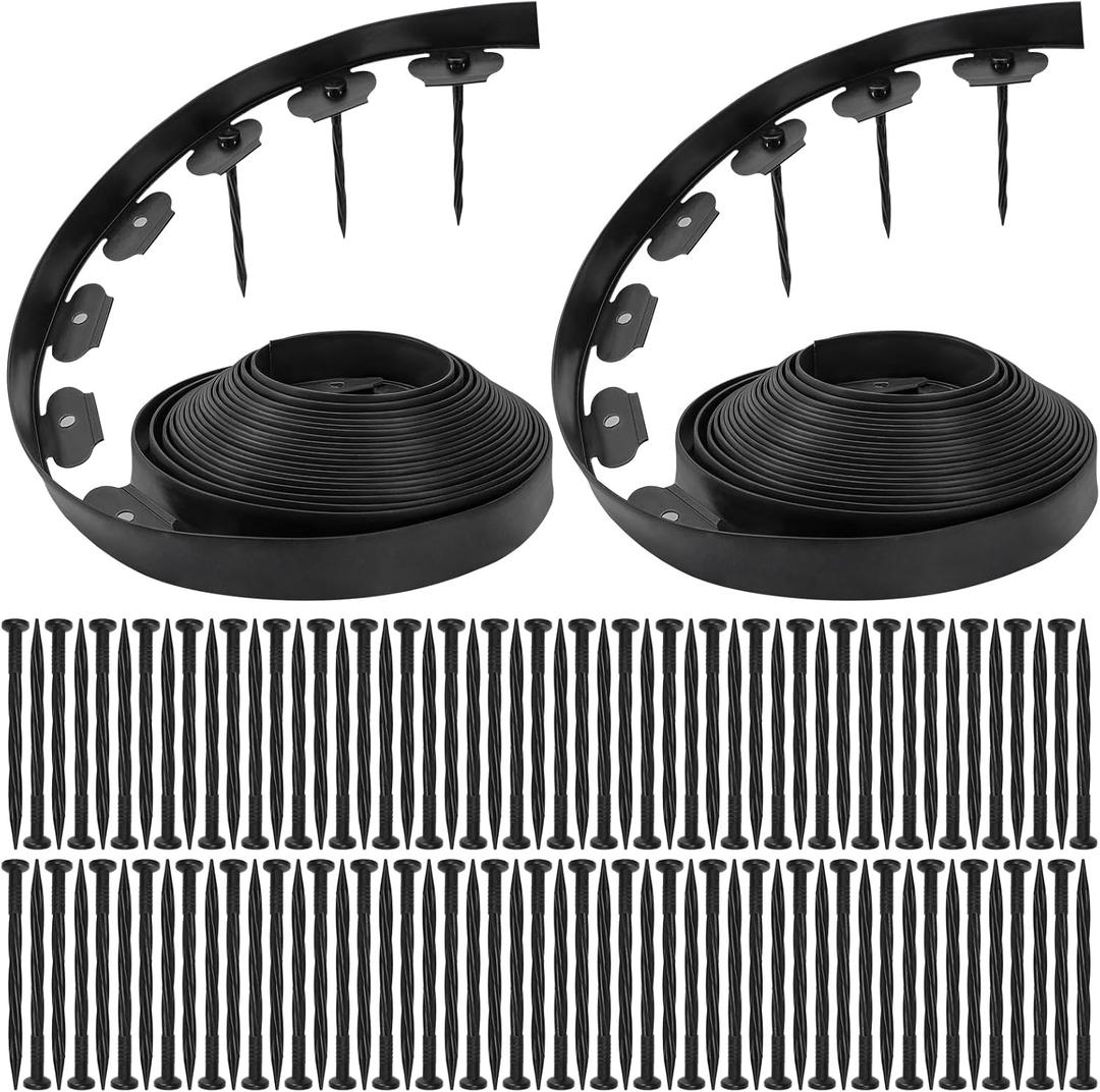 Bonviee 1.5 Inch x 66FT Garden Border Edging Kit with 100 Anchoring Spikes, Flexible Garden Edging for Landscaping, Flower Beds, Lawn, Yard, and Paver Pathways (Black)