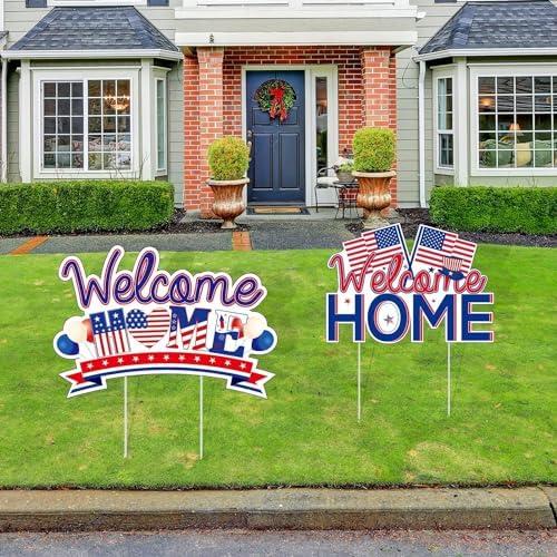 Welcome Military Home Yard Sign with Stakes Outdoor Welcome Party Lawn Decoration Supplies Patriotic Homecoming Army Deployment Returning Yard Decor