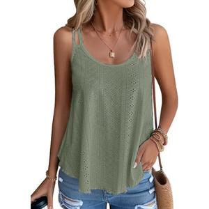 Eachrise Womens Tank Tops Summer Sleeveless Casual Spaghetti Strap Blouses Eyelet Embroidery Loose Fit Tunic Shirts.2XL