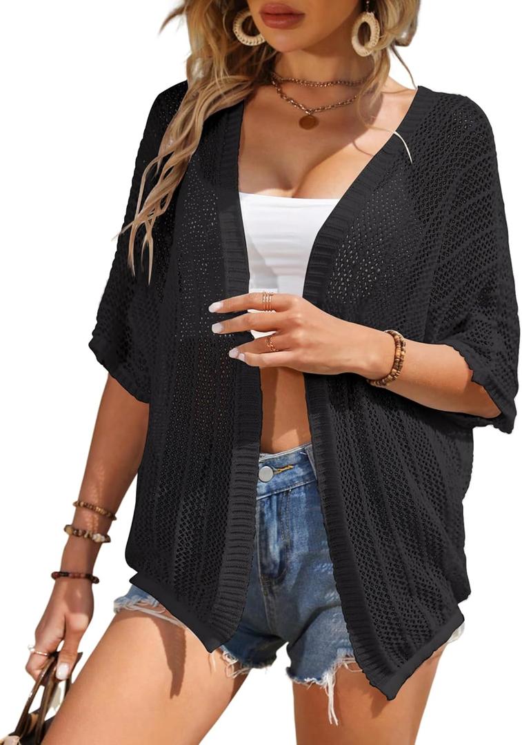 Women Crochet Cardigan Lightweight Thin Short Sleeve Casual Open Front Cardigan Cover (Black, S)