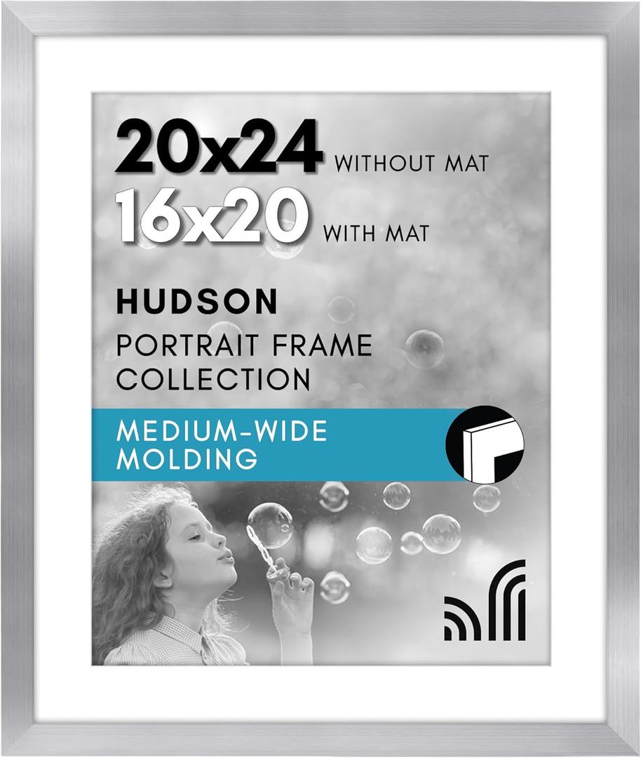 Americanflat 20x24 Picture Frame with Polished Plexiglass - Use as 16x20 Frame with Mat or Display 20x24 Photo Without Mat - Hudson Collection - Wide Picture Frames for Wall Display - Silver