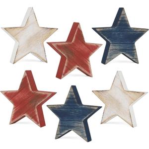 COCHIE 4th of July Decorations Wooden Star Set of 6, Labor Day Decor, Patriotic Memorial Day Tiered Tray Decor, Red White and Blue Veterans Day Decorations for Home Office Table Shelf (Retro Solid)