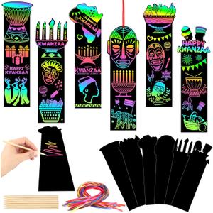 AUGSUN 96Pcs Kwanzaa Crafts, Magic Rainbow Scratch Paper Art Bookmarks Kwanzaa Gifts Activities DIY Craft Kit Party Favors