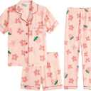 Hupohoi Big Girls Button Down Pajama Set 3pcs Short Sleeve Long Pants with Shorts Crepe Wrinkled Fabric Sleepwear Nighty 12M