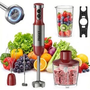 Immersion Blender Handheld 1200W, 5-in-1 Hand Blenders, 20 Speeds Hand Mixer, Stainless Steel Blades, Milk Frother Wand, Whisk, Beaker, Suitable for Kitchen, Protein Shakes and Baby Food (Red)