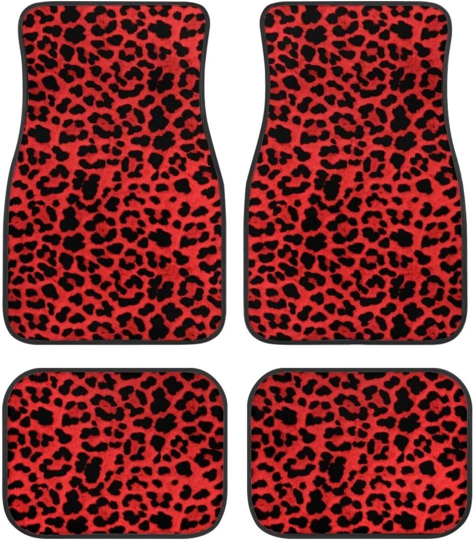 Black Red Leopard Cheetah Print All Weather Protection Universal Fit Automotive Floor Mats fits Most Cars, SUVs, and Trucks, Cute Patterned 4PCS Front Rear Full Set Car Floor Mat