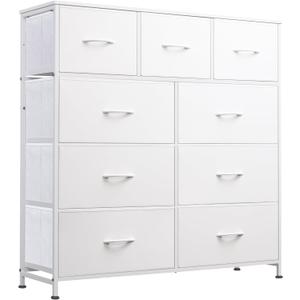 WLIVE 9-Drawer Dresser, Fabric Storage Tower for Bedroom, Hallway, Closet, Tall Chest Organizer Unit for Bedroom with Fabric Bins, Steel Frame, Wood Top, Easy Pull Handle, White
