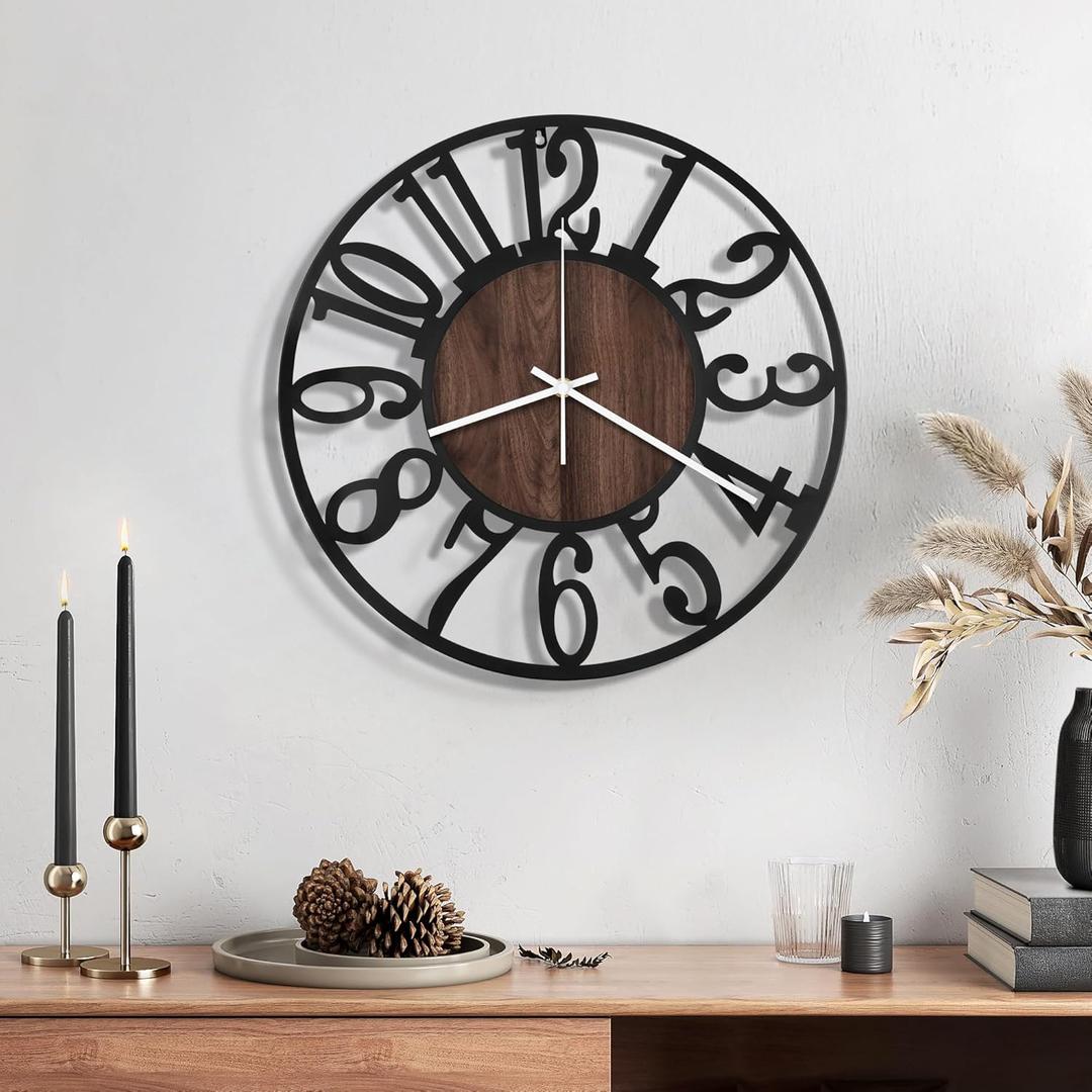 Maxstar Wall Clock Battery Operated, Silent Non-Ticking Modern Rustic Metal Round Clocks Small for Living Room/ Bedroom/ Office/ Kitchen/ Farmhouse Home Decor-12 Inch(Brown-Wood)