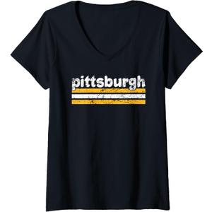 Womens Pittsburgh Pennsylvania Three Stripe Vintage Weathered V-Neck T-Shirt (Small, Black)