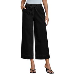 luvamia Wide Leg Jeans for Women High Waisted Cropped Pull On Jeans Elastic Wasit Drawstring Stretch Denim Trouser Pants L