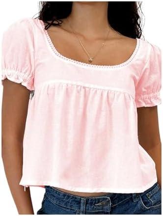 Women Y2k Puff Short Sleeve Top Backless Ruffle Hem Square Neck Fitted Crop Blouse Pleated Solid T Shirt S