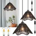Rattan Plug in Pendant Light Set of 2 (Bulbs Included), 12"x6" Boho Hanging Lights with 13FT Black Hemp Plug-in Cord, On/Off Switch for Living Room, Bedroom, Kitchen (Umbra Wave - Black (2-Pack))