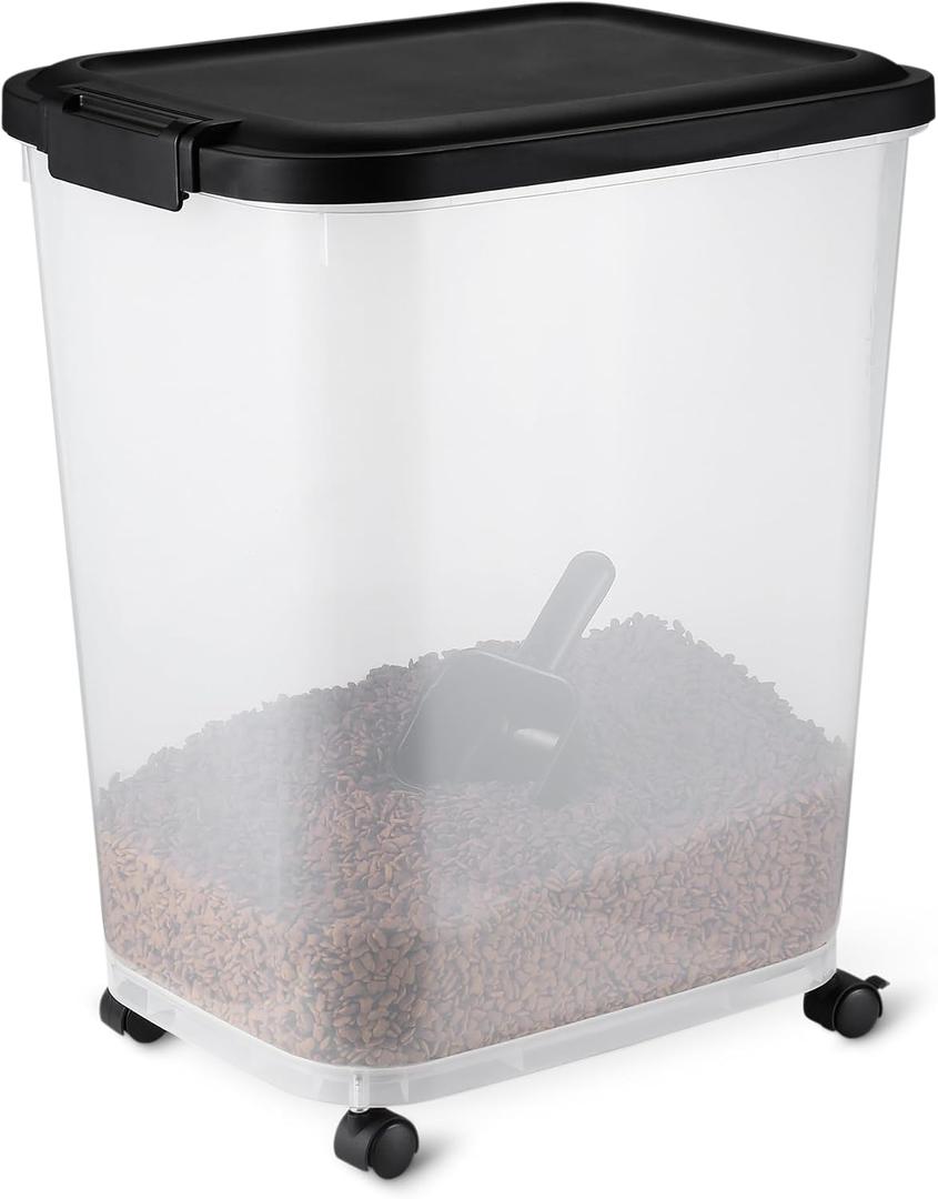 Amazon Basics Pet Food Storage Container with Wheels, BPA-Free, Detachable Scoop, 30lbs Capacity, Reliable Seal