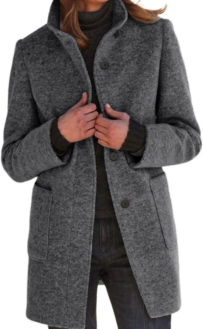 CHARTOU Women Winter Long Pea Coat Wool Blend Stand Collar Single Breast Thicken Blazer Jacket (Large, Grey)