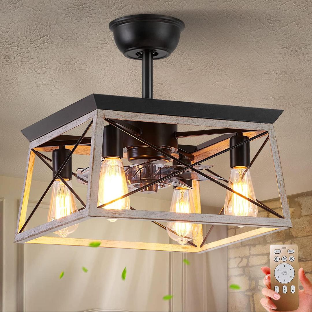 HuixuTe Ceiling Fan with Lights Remote Control, 6 Speeds Farmhouse Industrial Ceiling Fan, Caged Ceiling Fan with Light for Kitchen Bedroom Living Room (Vintage White)
