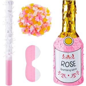 Champagne Piñata for Adults Party Decor Prop Pink Champagne Bottle Piñata with Stick, Blindfold, Confetti for Bridal Bachelorette Wedding 21st Birthday Summer Pool Party Favor Supplies