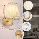Vintage Battery Operated Wall Sconces Set of 2, Pleated Fabric Shade Gold Wall Lamp with Remote Control, Cordless Rechargeable Wall Sconces Fixtures for Bedroom, Living Room, Beside (2 Bulbs Included)