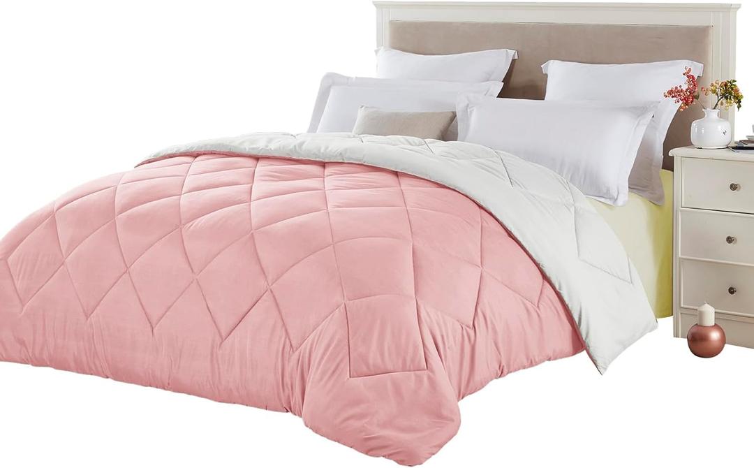 Seward Park Full Queen Size Pink Beige White Comforter, All Season Soft Reversible Bedding, Cooling Lightweight Fall Blanket, Girls Bedspread