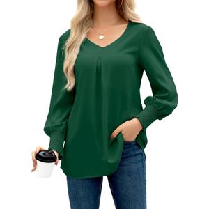 OMSJ Women's V Neck Smocked Cuffs Long Sleeve Dressy Casual Shirts Loose Chiffon Work Blouse Elegant Tops(Dark Green, L)