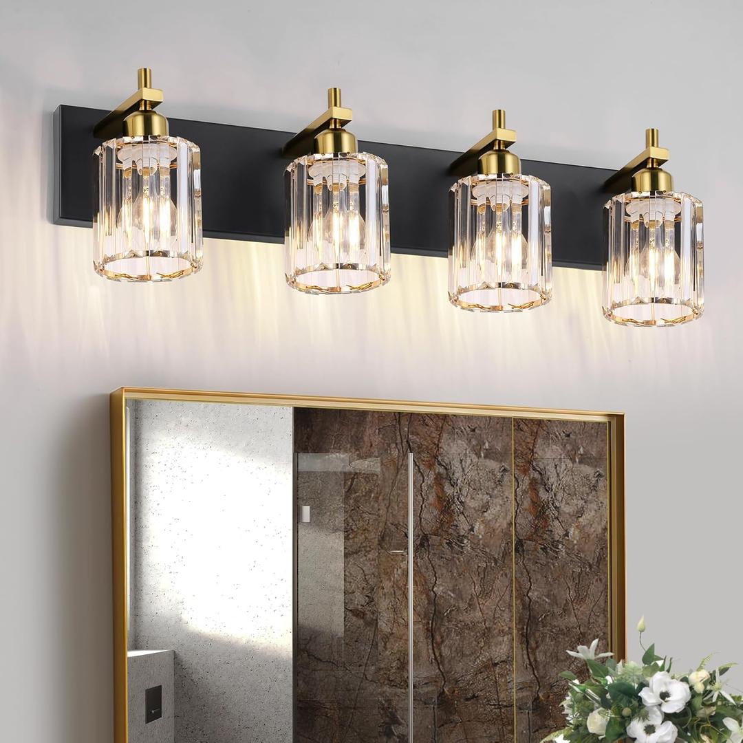 She's home 4 Light Crystal Vanity Lights for Bathroom - Black and Gold Modern Bathroom Vanity Lights Over Mirror 28 Inch, Bathroom Wall Lighting E26 Base