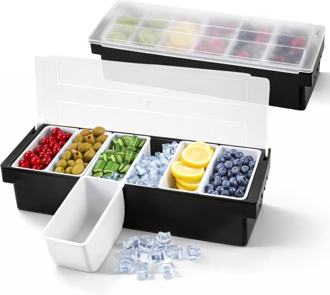 2PCS Ice Cooled Serving Tray Black – Chilled Garnish Cooler with Lid for Fruit Veggie Salad Bar Ice Station Plastic Serving Container Chilled Tray for Home Restaurant Container (6 Compartment x 2)