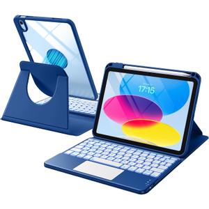 Harvopu for iPad 10th/11th Generation A16 Case with Keyboard, 360 Rotation Detachable Cover with Pencil Holder, Multi-Touch Trackpad, 7 Colors Backlit Keyboard for iPad (A16)/10th Gen (Navy Blue)