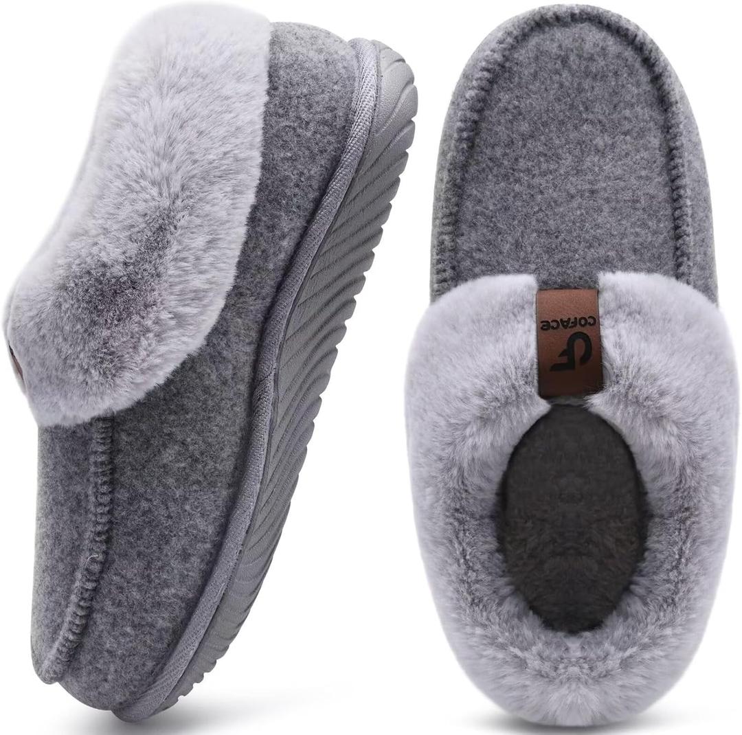 COFACE Women's Memory Foam House Slippers Arch Support Moccasin Winter Shoes Ladies Warm Fuzzy Faux Fur Collar With Indoor Outdoor Rubber Sole (10, Grey)
