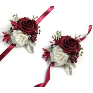 Bridal Wrist Corsage Artificial Burgundy Ivory Flower Bride Hand Flower Wedding Bridesmaid Wristband Parent Flower for Wedding Quinceanera Birthday Father Daughter Dance Prom Party Homecoming