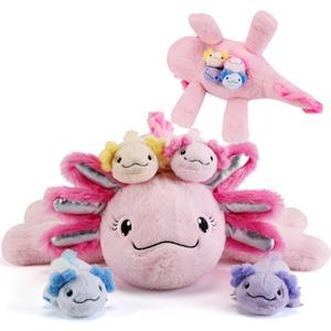gnomantic 5 Pieces Axolotl Stuffed Animals with Babies Inside Belly - 1 Mommy Stuffed Axolotl with 4 Babies - Pink Axolotls Plush Toy for Kid Age 3-8, Gift Ideal for Christmas, Valentine's, Birthday