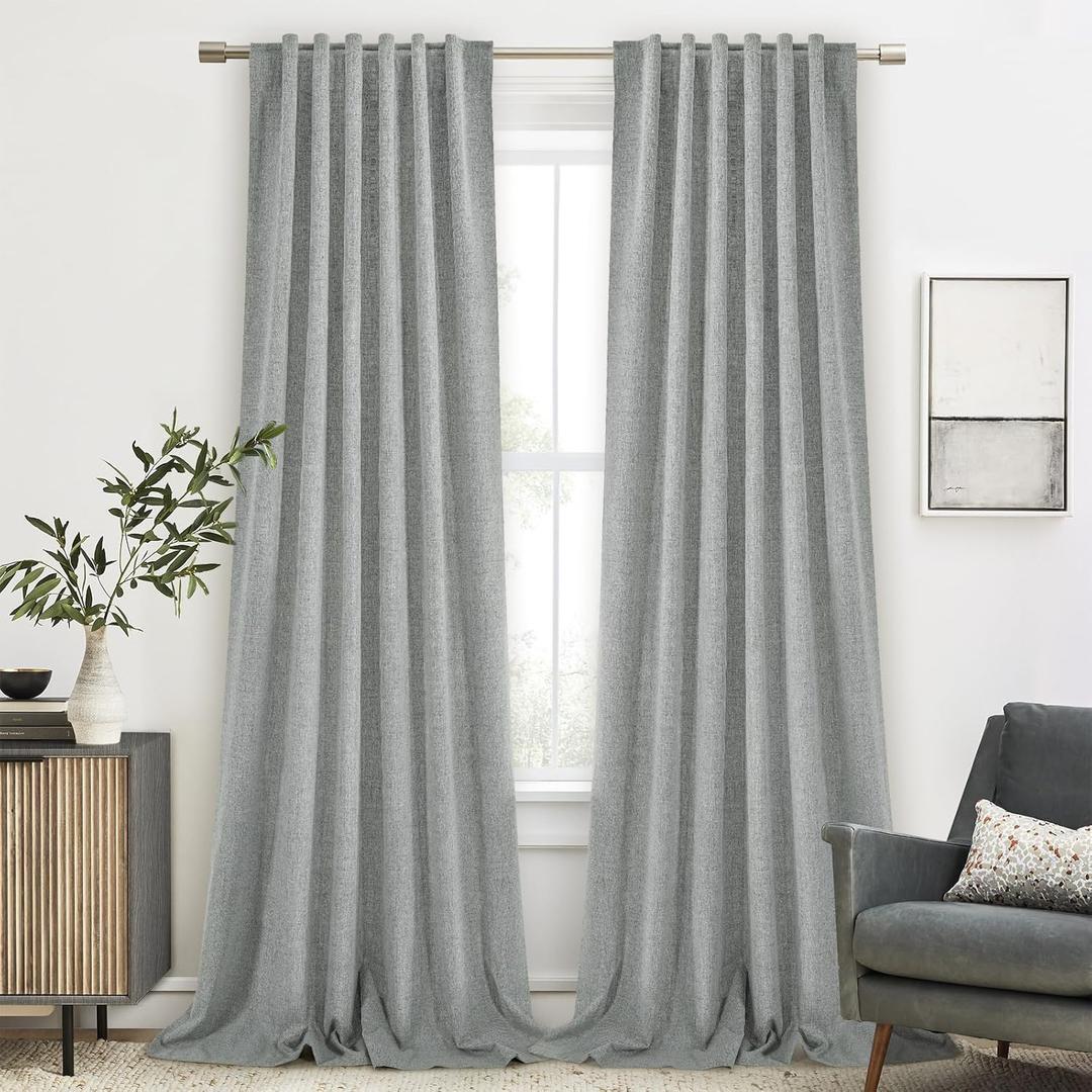Full Blackout Grey Curtains 84 inches Long for Living Room, Black Out Linen Insulating Heat Light Blocking Curtains for Bedroom, 52x84 in Length, Grey