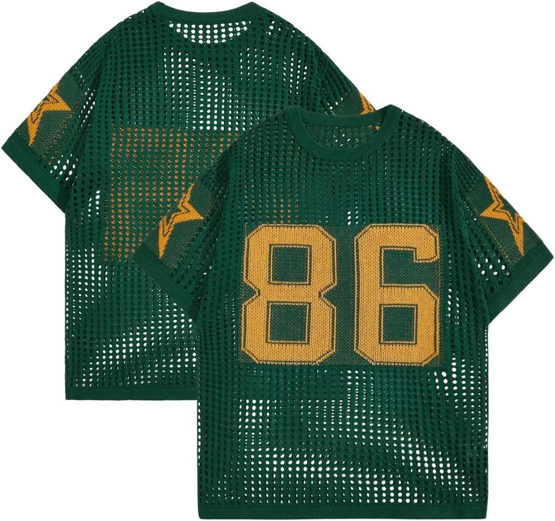 Verdusa Men's Jersey Shirt Y2k Tops Baggy Crochet Short Sleeve Letter Print Vintage Lightweight Pullover Sweater (Medium, Yellow Green)