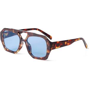 ADE WU Trendy Square Aviator Sunglasses for Women Thick Frame Double Bridge Geometric Sun Glasses (Tortoiseshell/Blue)