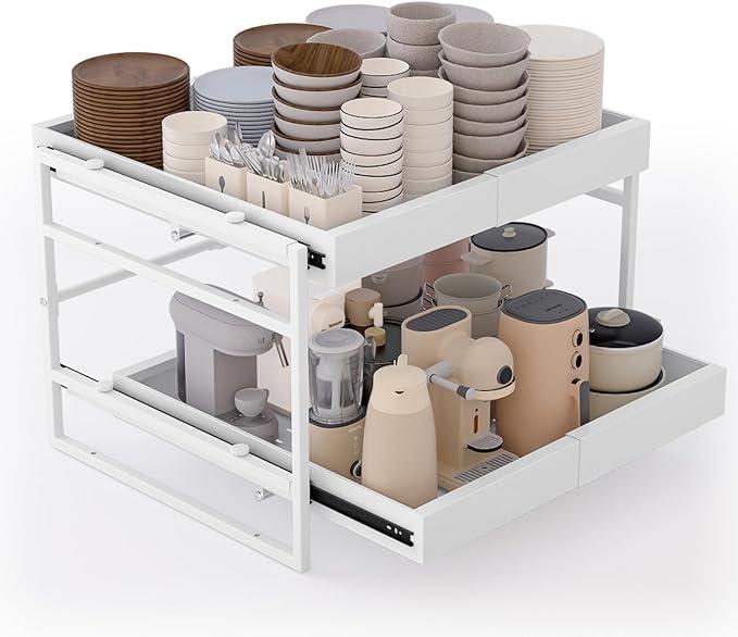 2 Tier 21'' Deep Pull Out Cabinet Organizer Expandable Width (14'' to 23'') Pull Out Drawers for Framed Cabinets, Heavy-Duty Slide Out Organizers and Storage for Kitchen Pantry, Basement, Garage, White 