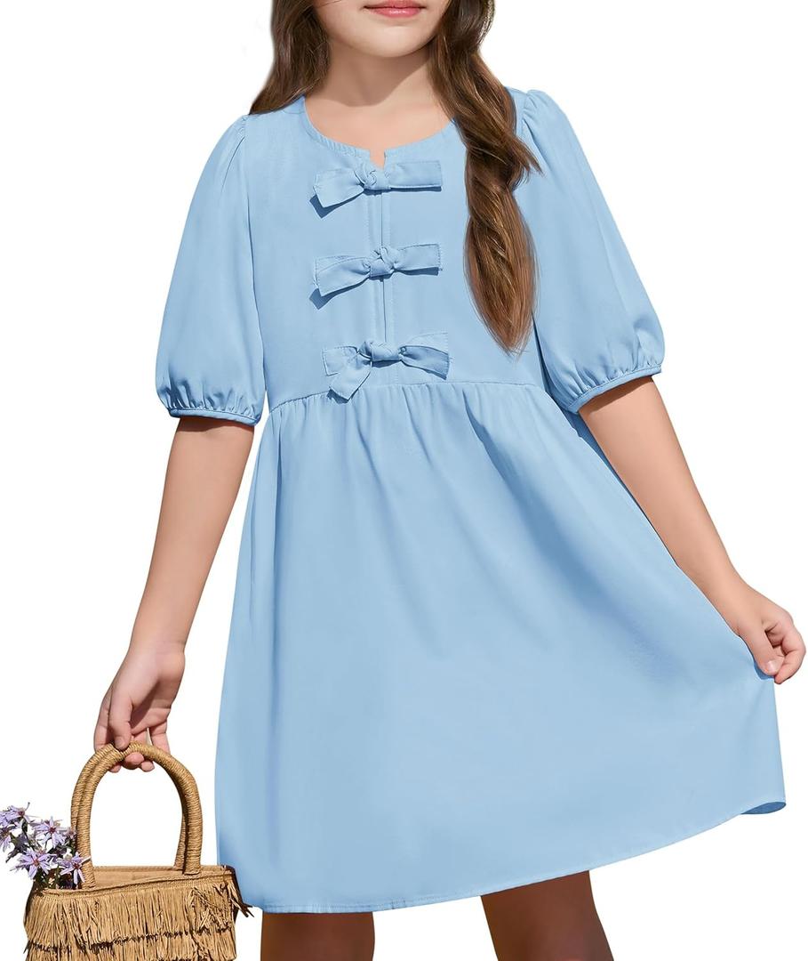 Yousify Teens Casual Dresses Short Sleeve Shirt Sundresses Elegant Bow tie Mini Dress Trendy Cut Blouse Dress Blue 150