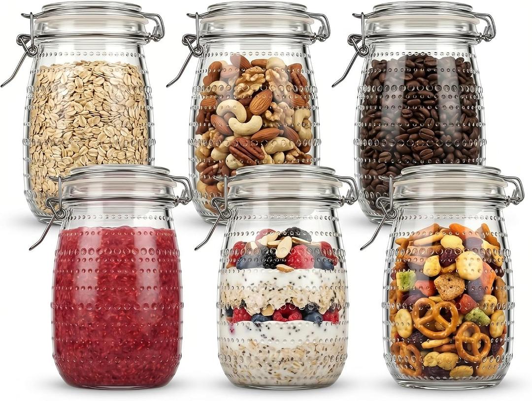 32 oz 6Pack Glass Mason Jars with Airtight Clip-Top Lids, Wide Mouth Reusable Glass Canning Storage Containers Jars for Kitchen, Jams, Pickling, Coffee Beans & Meal Prep (32 oz)