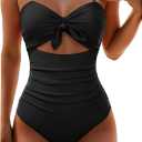 Tempt Me Women Sexy Cutout One Piece Swimsuits Tummy Control High Waisted Halter Front Tie Knot Bathing Suit (Large, Black)