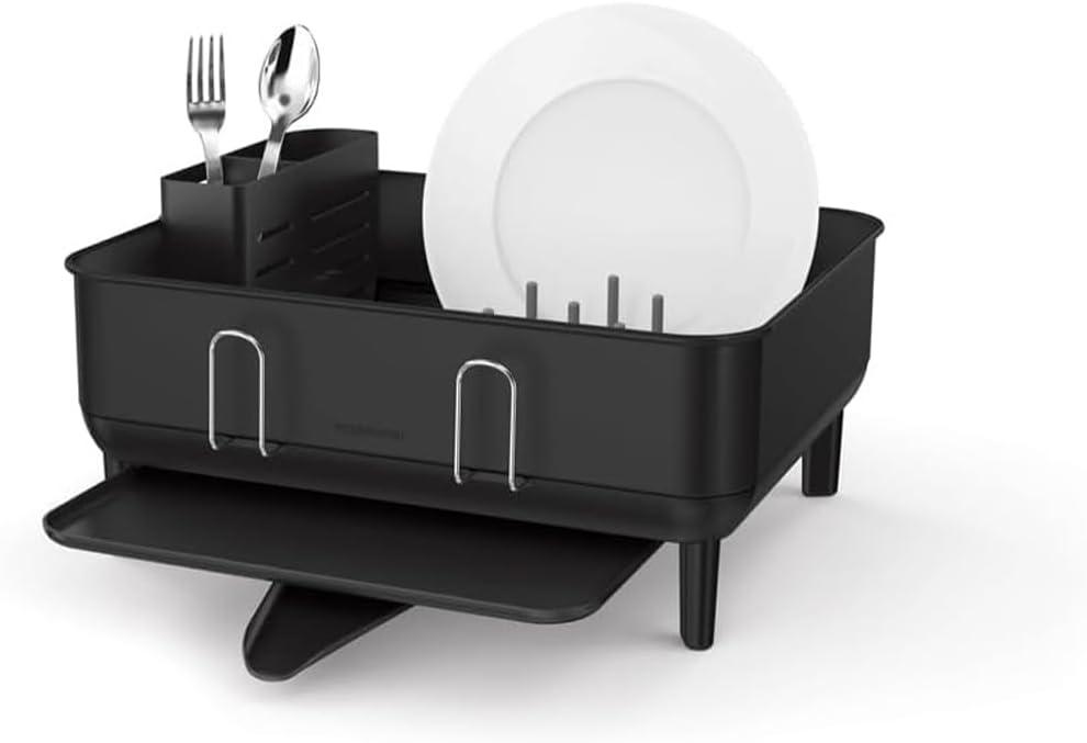 simplehuman Compact Dish Drying Rack with Stainless Steel Frame, 360 Easy Drain Swivel Spout, Utensil Holder, Anti-Residue Coating, Moisture Control Surface, Matte Black