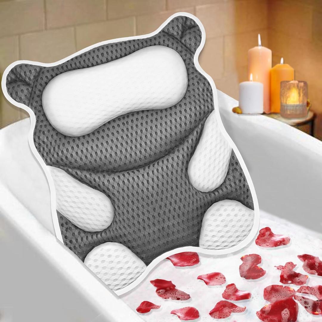 Bath Pillow for Tub Ergonomic Bear Shape Design Bath Pillow for Head and Neck Support SPA Gift Bathtub Pillow 4D Air-Mesh with 8 Suction Cups Washable Gray