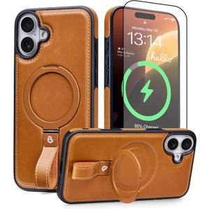 for iPhone 17 Leather Case with Stand, Anti-Slip Grip Ring, Fits for MagSafe (Brown, iPhone 17)