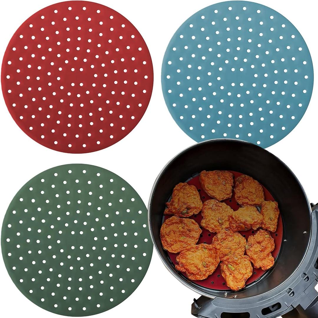 Reusable Round Silicone Air Fryer Liners (9 Inch, 3 Pack) by Lindas Essentials - Non-Stick, Easy-Clean Accessories with Cheat Sheet & Recipe Book, Perfect for Quick Meals
