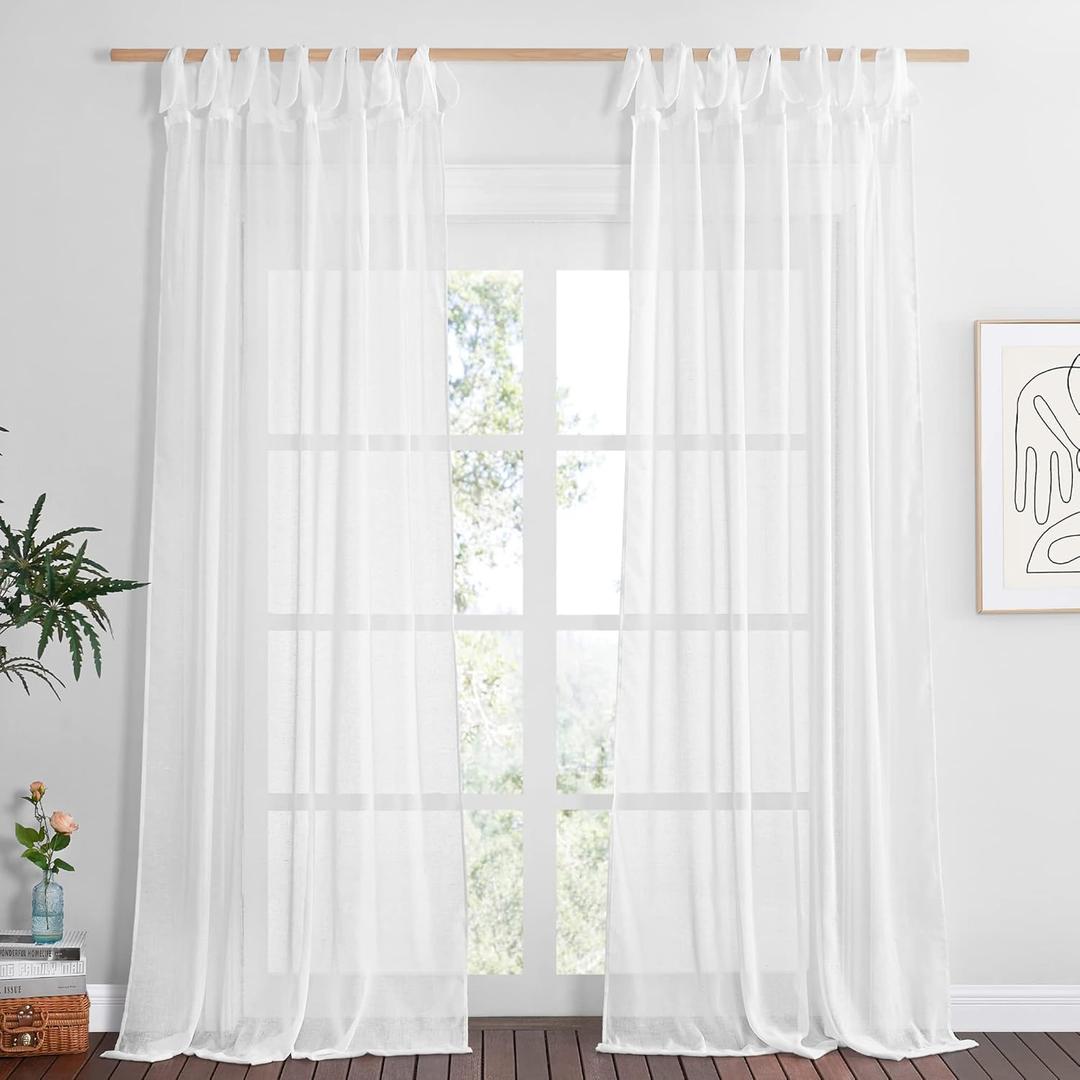 NICETOWN Semi Sheer Linen Curtains 96 inch Long for Princess Room, Decorative Adjustable DIY Tie Top Privacy with Light Filtering Curtains & Drapes for Bedroom, W52 x L96, White, 1 Pair