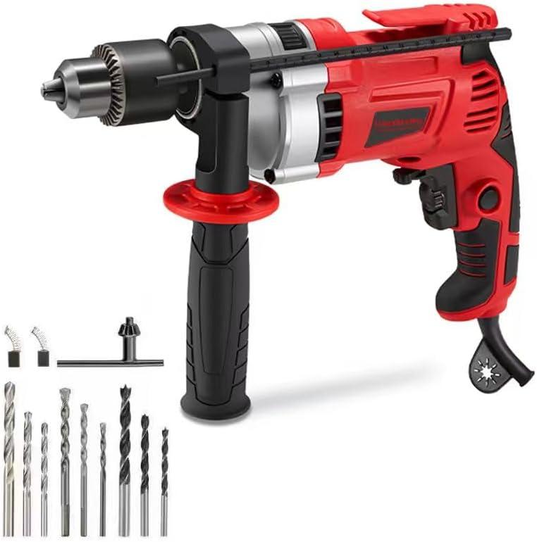 Hammer Drill 1/2-Inch 910W Power Drill 0-3000RPM with 38 Accessories Electric hammer with 360 Rotary Handle Variable Speed corded hammer drill Carring Case (28 Accessories)