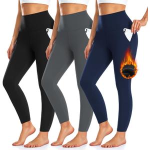 3 Pack Fleece Lined Leggings Women with Pockets -Warm Winter Yoga Pants for Women Thermal Running Workout Leggings, Black/Grey/Navy, Small-Medium