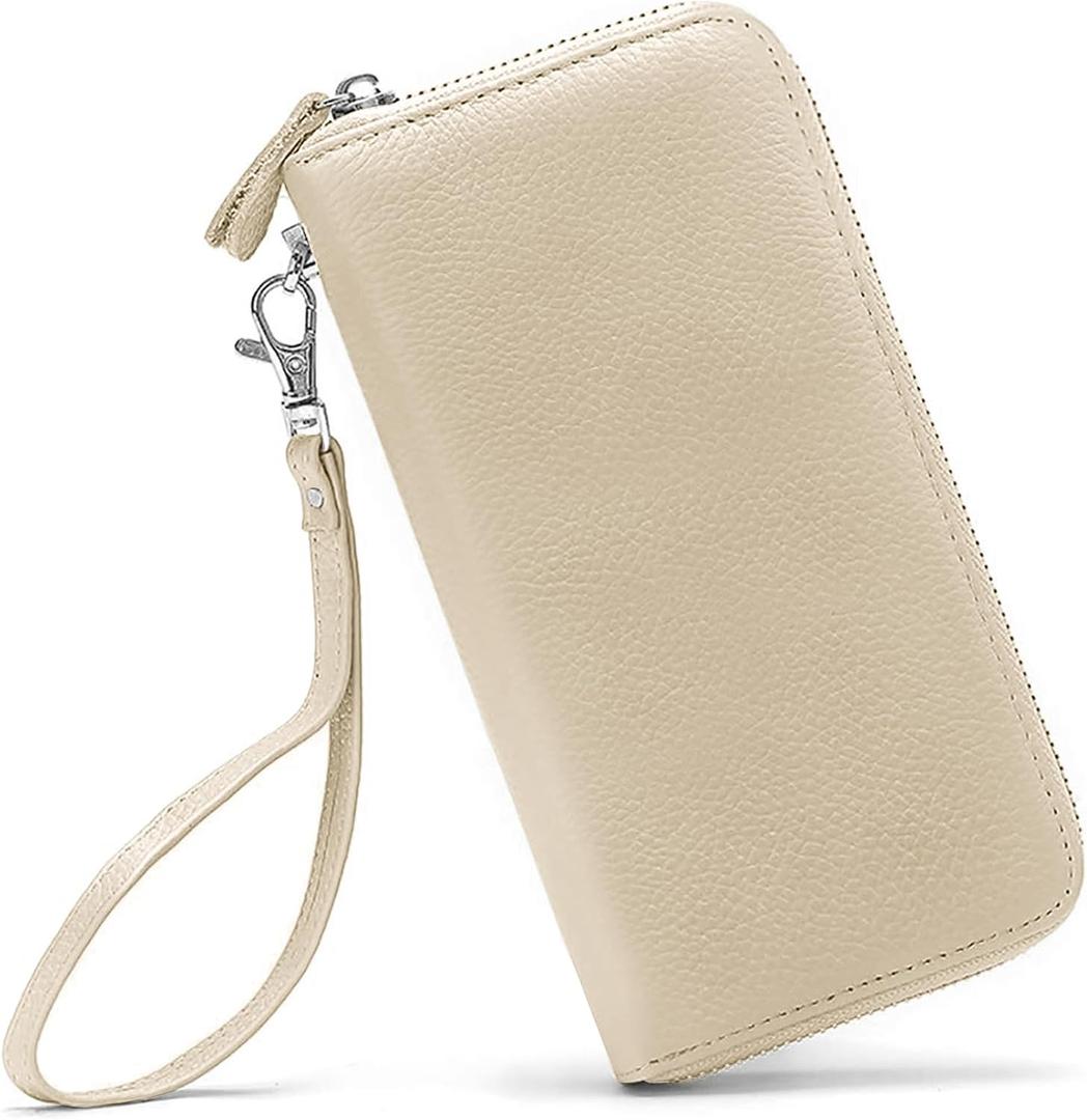 Womens Wallet RFID Blocking Genuine Leather Zip Around Wallet Clutch Wristlet Travel Long Purse for Women (Y1-Beige)