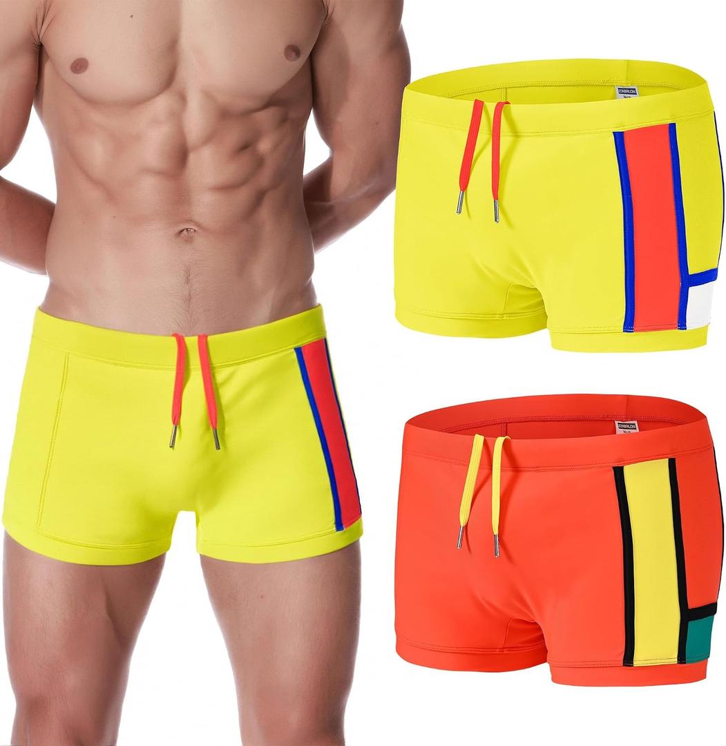 Men's Swim Trunks Low Rise Bulge Pouch Boxer Briefs Sexy Bathing Suit Swimwear Square Leg Swimsuit (M, Yellow)