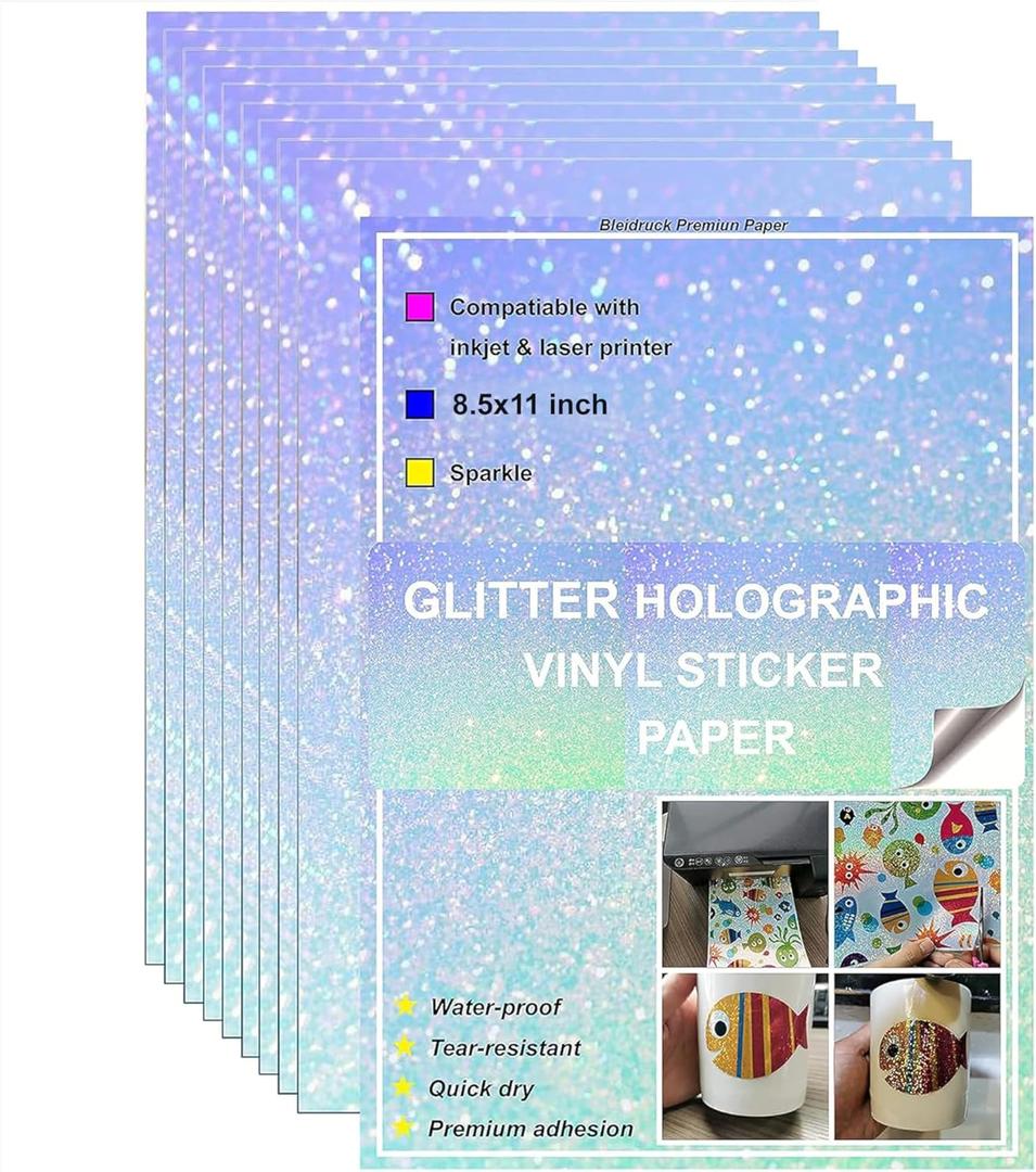 Bleidruck Printable Sparkle Holographic Sticker Paper 20 Sheets 8.5x11 Inch Waterproof Glitter Vinyl Sticker Paper Quick Dry for Inkjet/Laser Printer