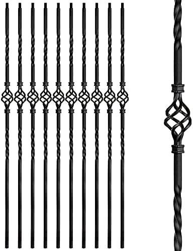 Aotree Iron Balusters - Wrought Iron Stair Balusters - Hollow Single Basket Metal Spindles - 44" X 1/2" - Box of 10 (Satin Black)