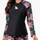 Womens Long Sleeve Two Piece Rash Guard with Built in Bra Swim Shirts with Shorts UPF50+ Quick Dry Swimsuit Large, Black Floral