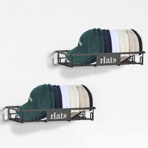 Metal Hat Rack for Wall(No Drilling),Hat Organizer for Baseball Caps Holds 20 Hats Wall Mounted Baseball Hat Storage Organizer,2 Packs Hat Holder Display,for all walls,Black